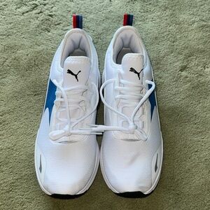 Puma White Athletic Sneakers with Blue and Red Pull Tabs Brand New